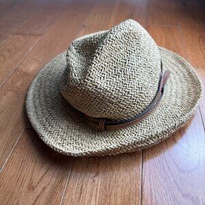 Nordstrom Straw Fedora Hat S/M Summer Beach Sun Wide Brim Tan Brown Band Unisex